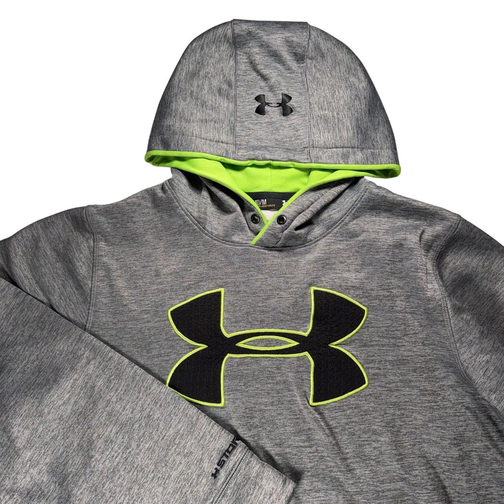 Under Armour Gray Neon Logo Hoodie Loose Fit Mens Size‎ Medium Storm Tech